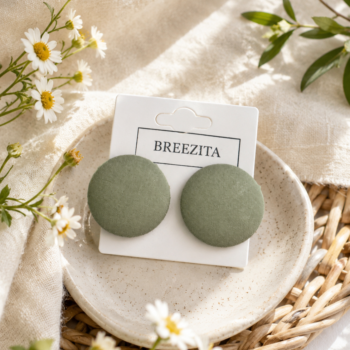 Soft Olive Green Button Earrings - Studs and Clip-ons