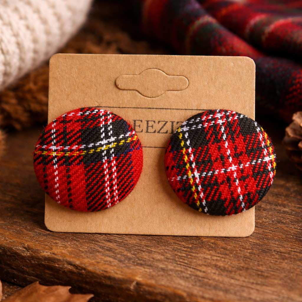 Red Tartan Button Earrings