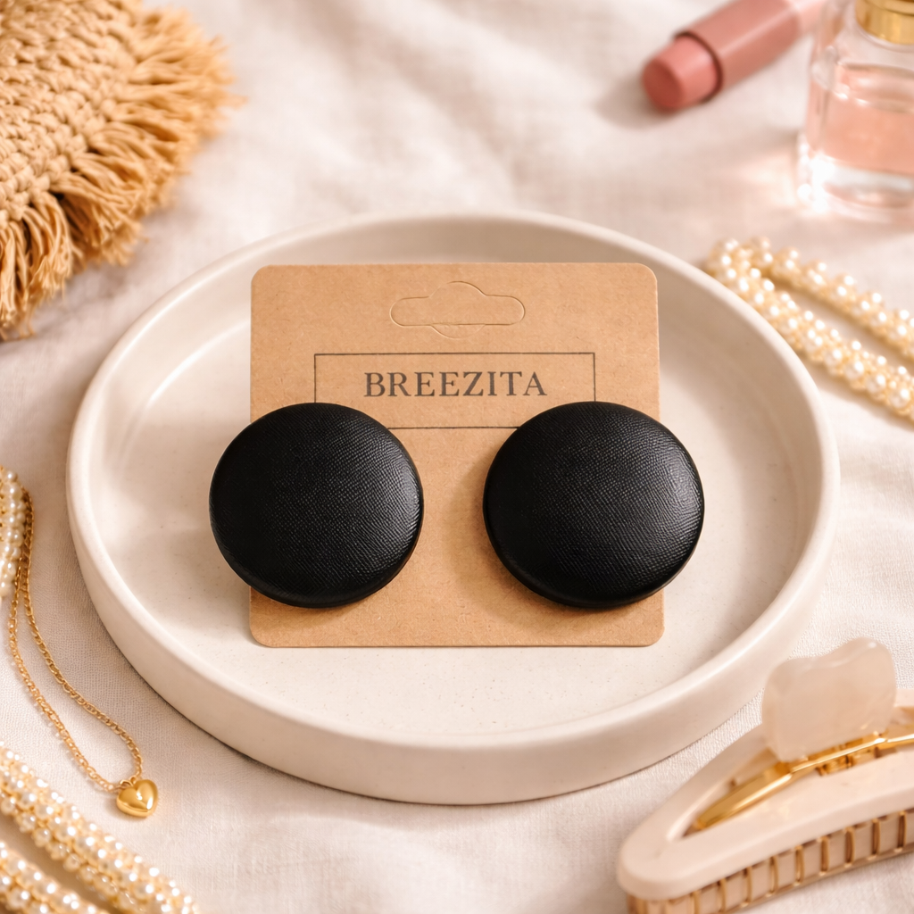 Black Foil Button Earrings – Stud or Clip On