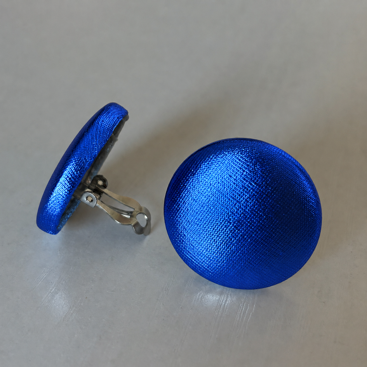 Royal Blue Foil Button Earrings - Clip-ons
