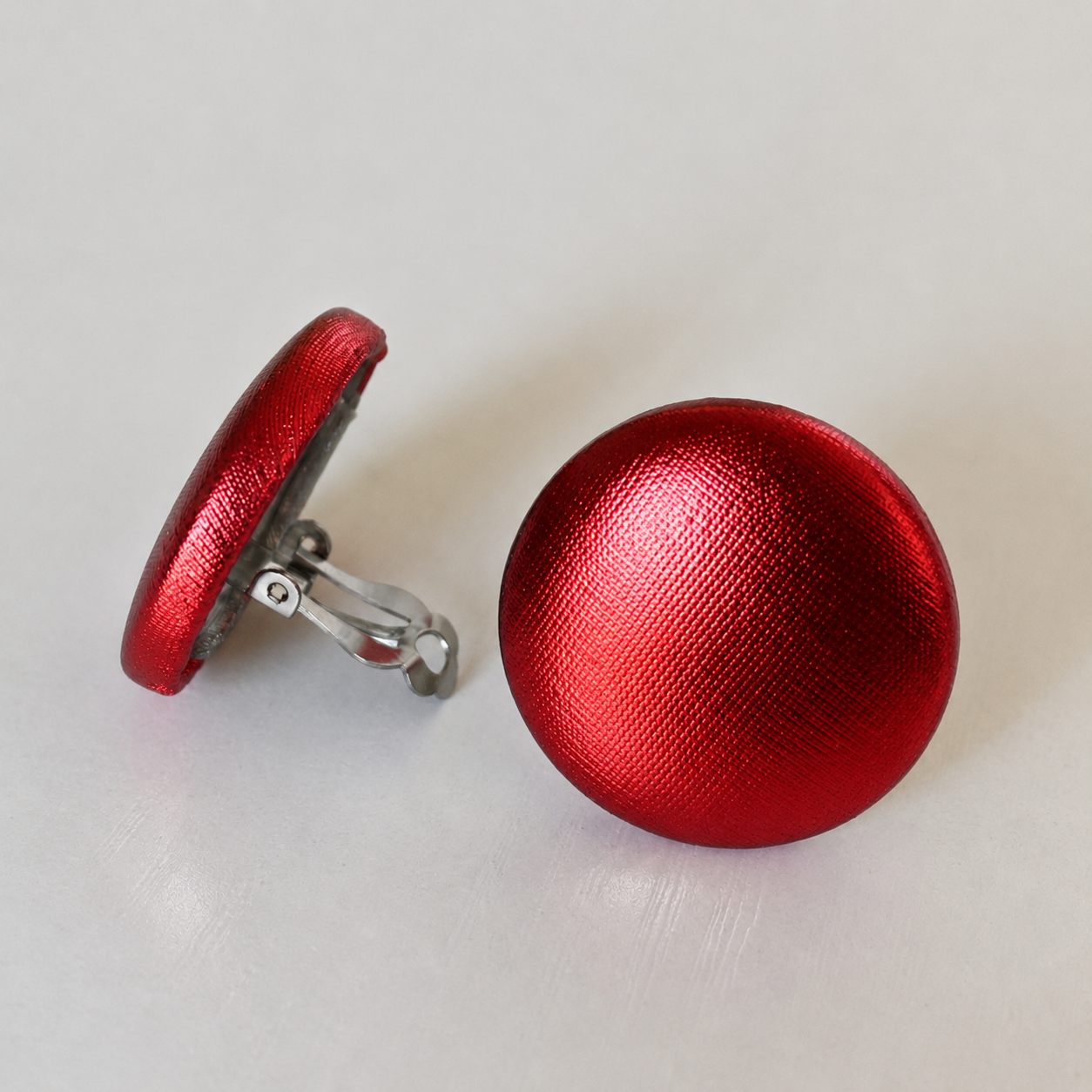 Red Foil Button Earrings - Clip Ons