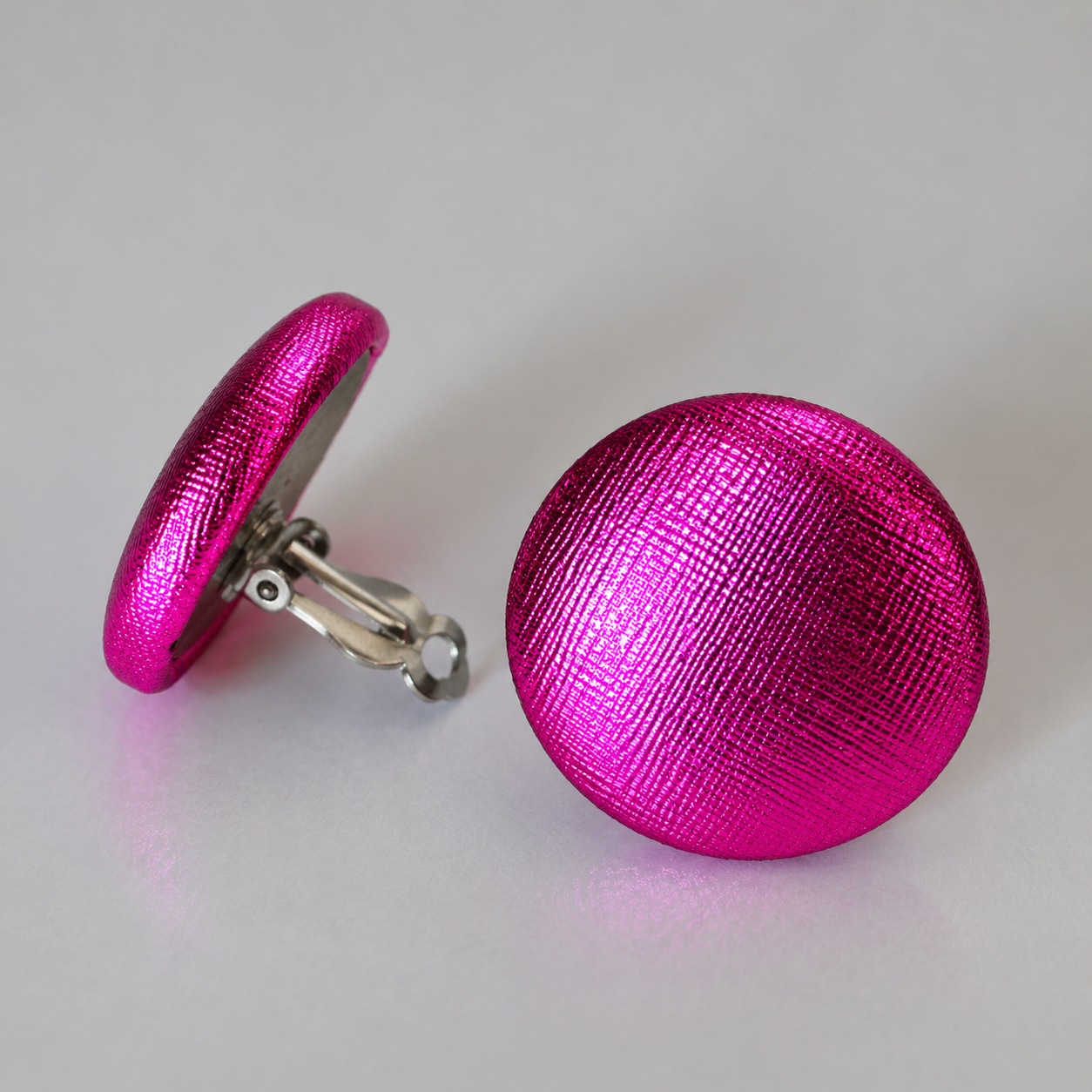 Cerise Foil Button Earrings - Clip-ons