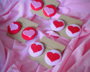 Pink Heart Button Earrings - Sustainable Heart Embroidered Stud Earrings