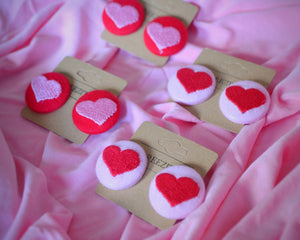 Red Heart Button Earrings - Sustainable Heart Embroidered Stud Earrings