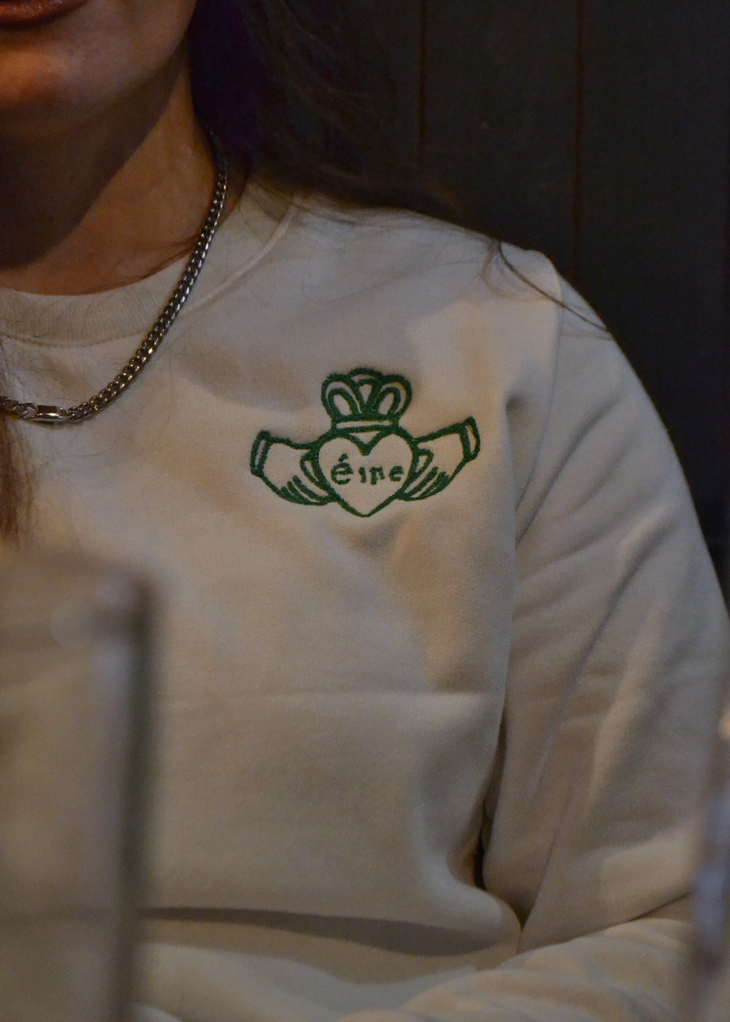 White Claddagh Sweatshirt – Green Embroidery