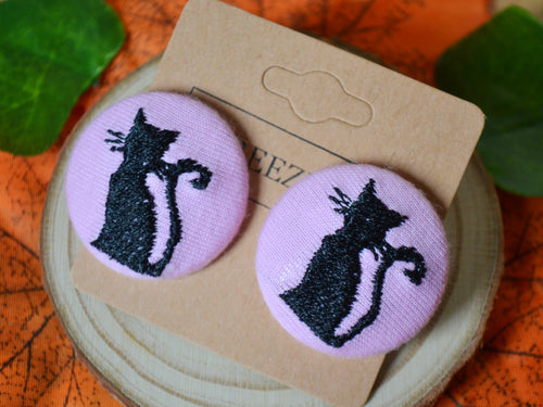 Black Cat Button Earrings - Pink