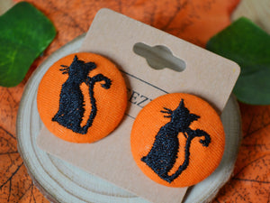 Black Cat Button Earrings - Pink