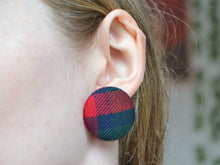 Load image into Gallery viewer, Green and Red Tartan Button Earrings