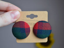 Load image into Gallery viewer, Green and Red Tartan Button Earrings