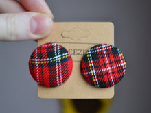 Load image into Gallery viewer, Red Tartan Button Earrings