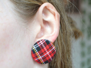 Red Tartan Button Earrings