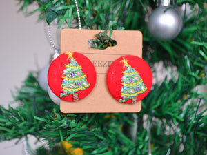 Pink Christmas Tree Button Earrings