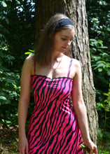 Load image into Gallery viewer, Pink Zesty Zebra Flared Dress - Strappy Pink Zebra Print Dress With Black Lace Trim