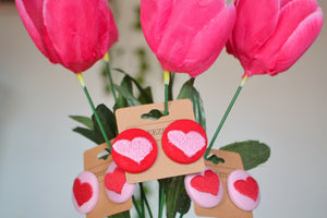 Pink Heart Button Earrings - Sustainable Heart Embroidered Stud Earrings