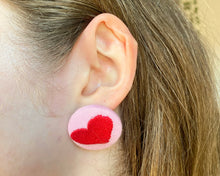 Load image into Gallery viewer, Pink Heart Button Earrings - Sustainable Heart Embroidered Stud Earrings