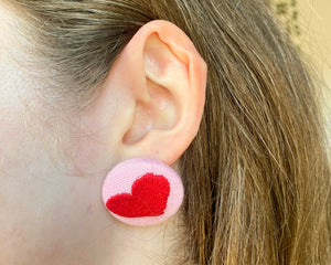 Pink Heart Button Earrings - Sustainable Heart Embroidered Stud Earrings