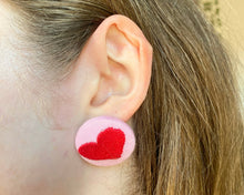 Load image into Gallery viewer, Red Heart Button Earrings - Sustainable Heart Embroidered Stud Earrings