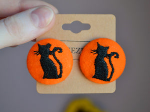 Black Cat Button Earrings - Orange