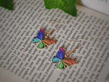 Load image into Gallery viewer, Purple/Pink Butterfly Charm Hook Earrings: Gold-Coloured Hypoallergenic Hooks - 9 Vibrant Colours