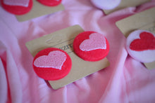 Load image into Gallery viewer, Pink Heart Button Earrings - Sustainable Heart Embroidered Stud Earrings