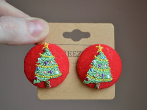 Red Christmas Tree Button Earrings