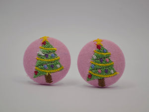 Pink Christmas Tree Button Earrings