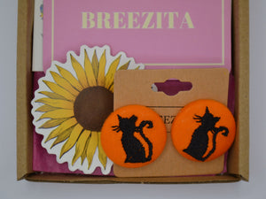 Black Cat Button Earrings - Orange