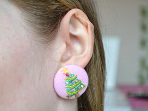 Pink Christmas Tree Button Earrings