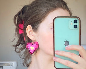 Pink Fabric Heart Hook Earrings: Vintage-Inspired Sustainable Retro Glamour with Tartan Accents