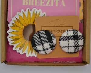 Black And White Tartan Button Earrings