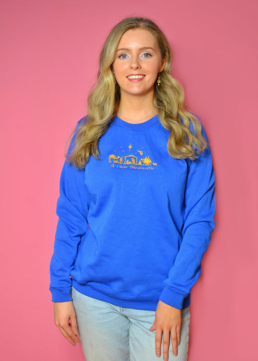 Woman wearing a blue sweatshirt with Irish and the nativity embroidered onto it against a pink background