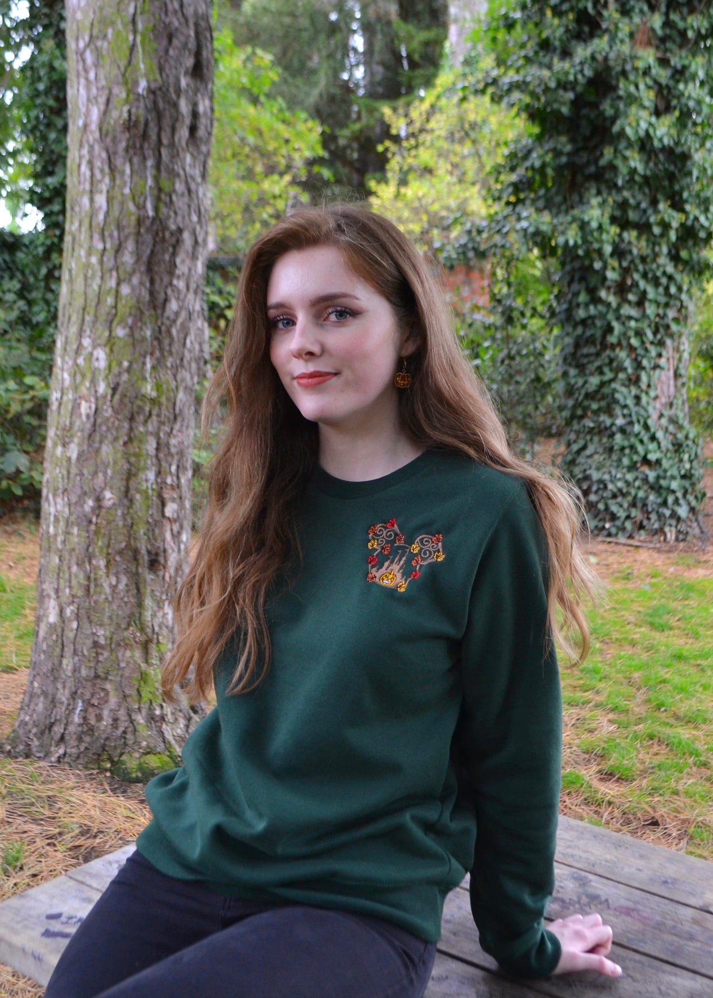 Autumn Pumpkin Leaf Sweatshirt - Bottle Green