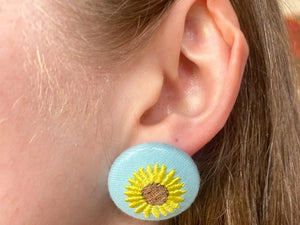 Green Sunflower Button Earrings