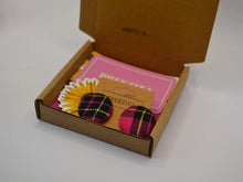 Load image into Gallery viewer, Pink Black And Gold Tartan Button Earrings