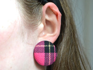 Pink Black And Gold Tartan Button Earrings