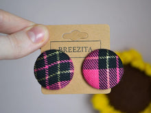 Load image into Gallery viewer, Pink Black And Gold Tartan Button Earrings