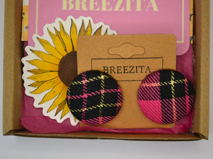 Pink Black And Gold Tartan Button Earrings