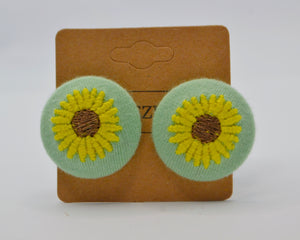 Green Sunflower Button Earrings