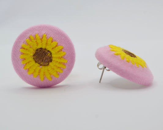 Pink Sunflower Button Earrings