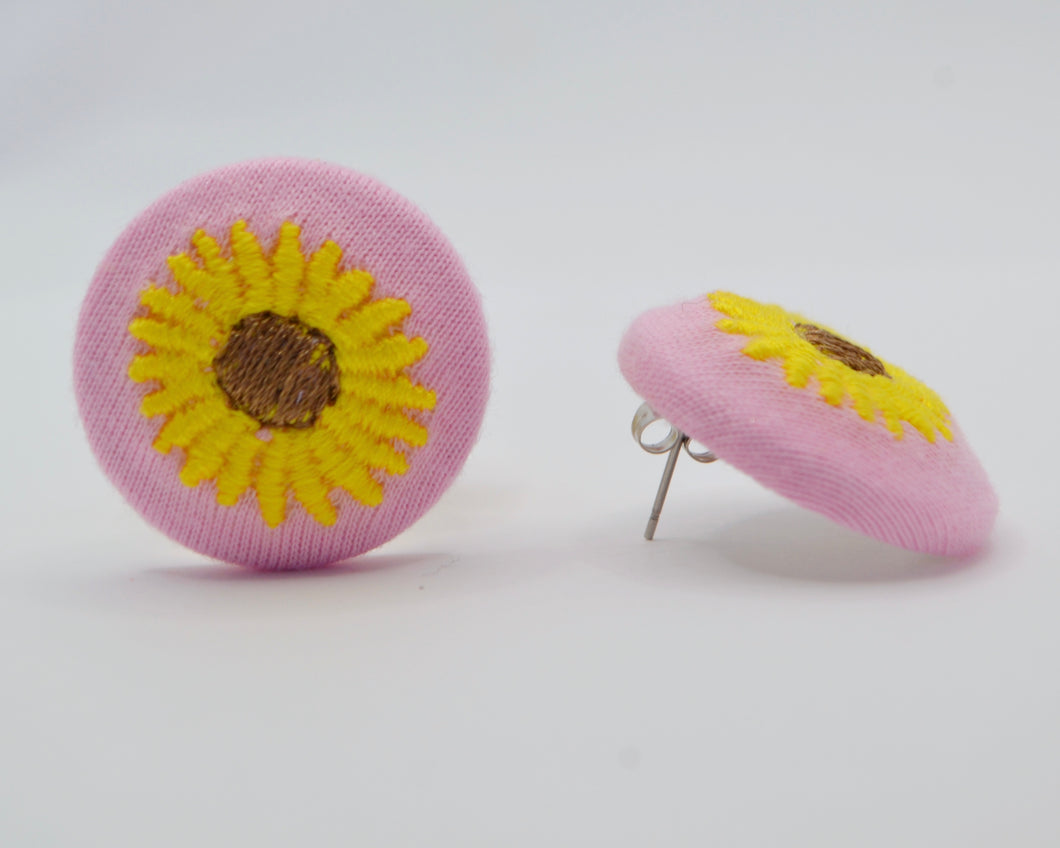 Pink Sunflower Button Earrings