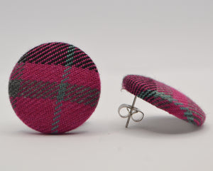 Pink And Grey Tartan Button Earrings