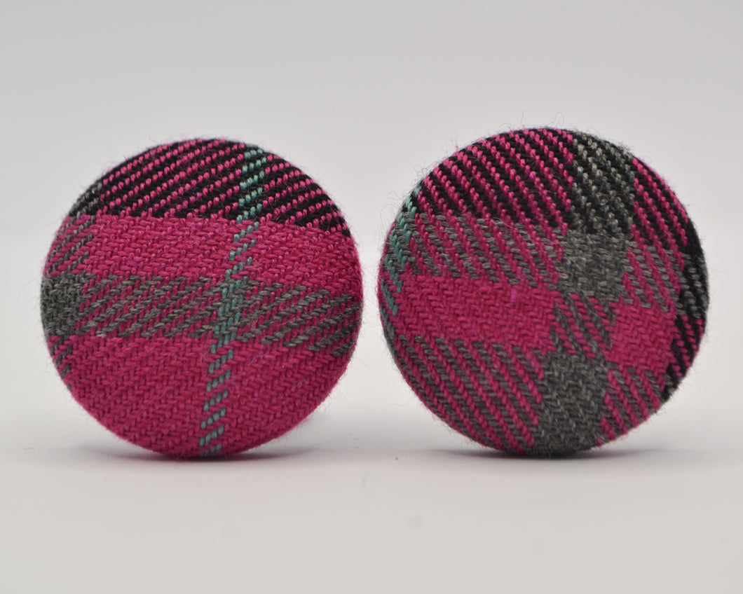 Pink And Grey Tartan Button Earrings