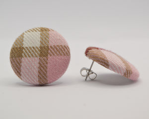 Baby Pink Tartan Button Earrings