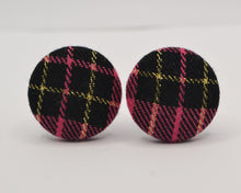 Load image into Gallery viewer, Pink Black And Gold Tartan Button Earrings