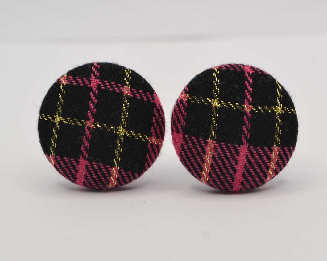 Pink Black And Gold Tartan Button Earrings