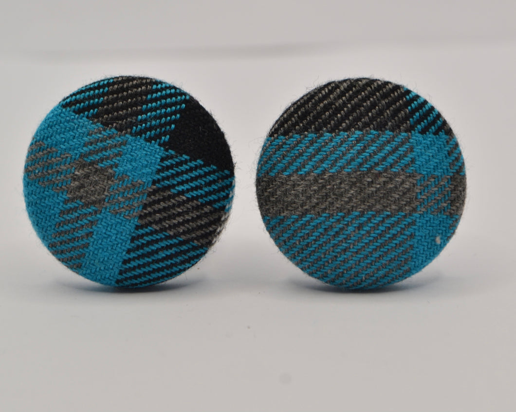 Blue Tartan Button Earrings