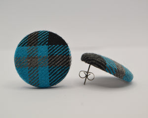 Blue Tartan Button Earrings