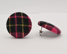 Load image into Gallery viewer, Pink Black And Gold Tartan Button Earrings