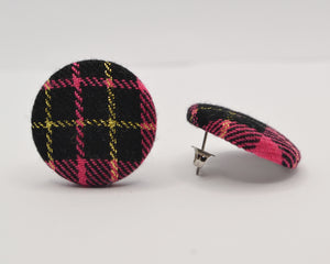 Pink Black And Gold Tartan Button Earrings