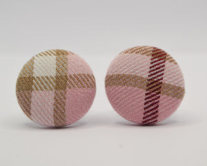 Baby Pink Tartan Button Earrings